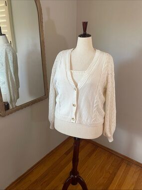 2pc set Cream Cable-Knit V-Neck Cardigan Sweater and tank set